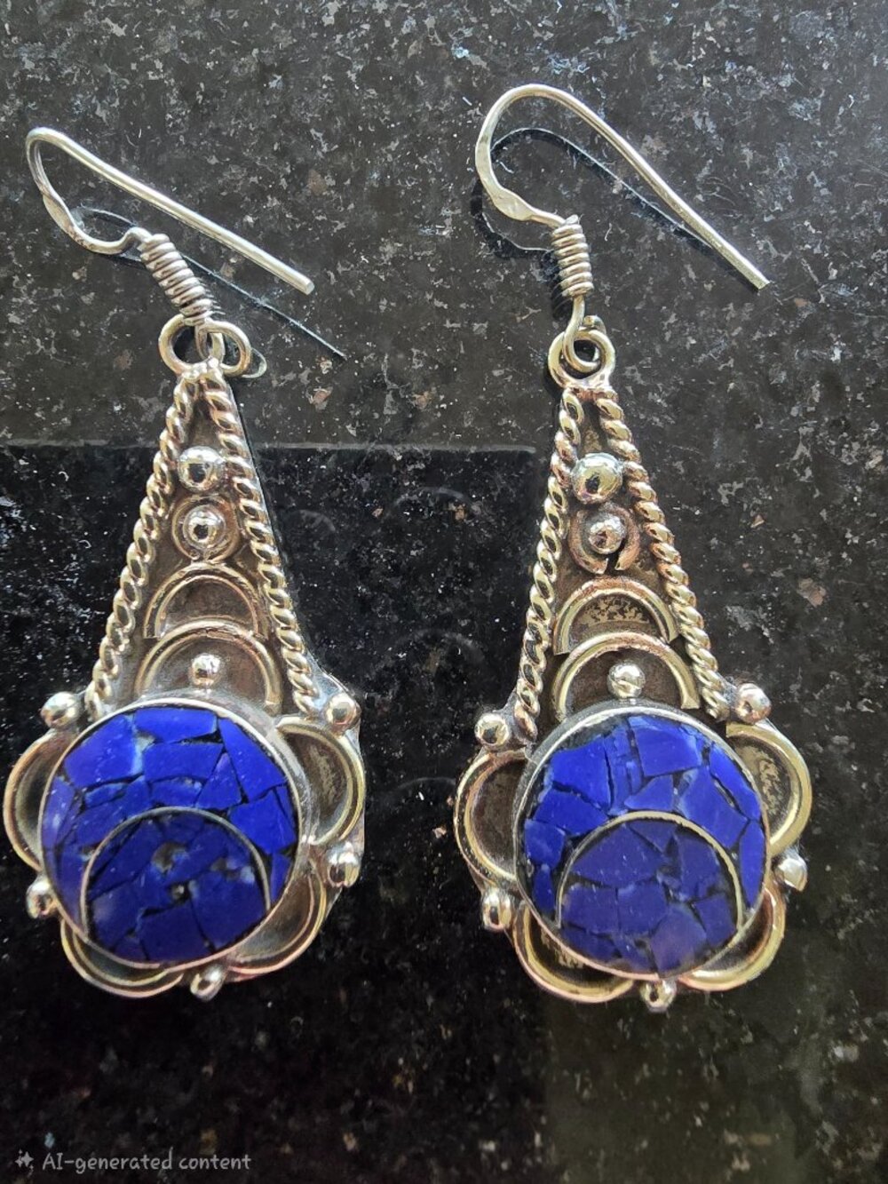 Bali / Indonesian Style Artisan Natural Stone Metalwork Dangle Drop Earrings